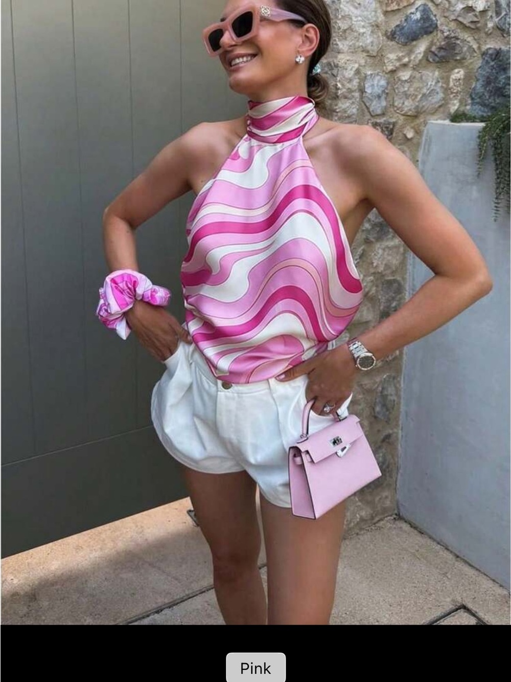 SHEIN Pink Swirl Halter Neck Satin Camisole